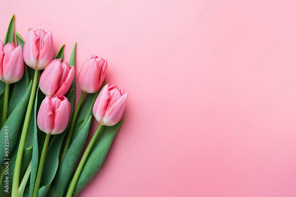 Frame with bouquet of Pink Tulips Flowers, Mother s Day, 8 March, anniversary, pink background. Empty Space