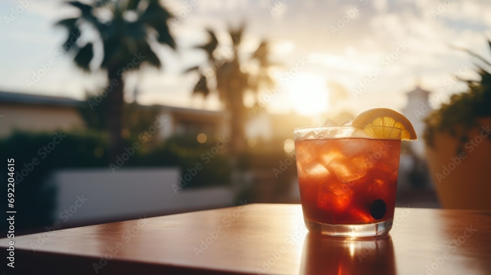 Close-up of a refreshing summer cocktail, blurred background of a sunset terrace Close-up of a refreshing summer cocktail, blurred background of a sunset terrace