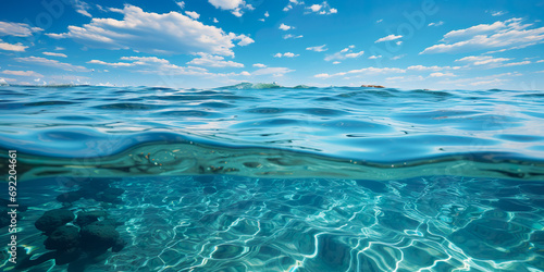 View of underwater  and blue sky at the same time  sea line with horizon