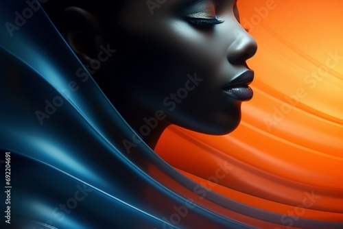 Vibrant Harmony: Indigo and Amber Minimalism with a Beautiful African Woman in Light Pulse