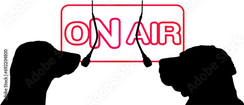 Silhouettes of 2 dogs in front of boom microphones with a neon air sign behind them