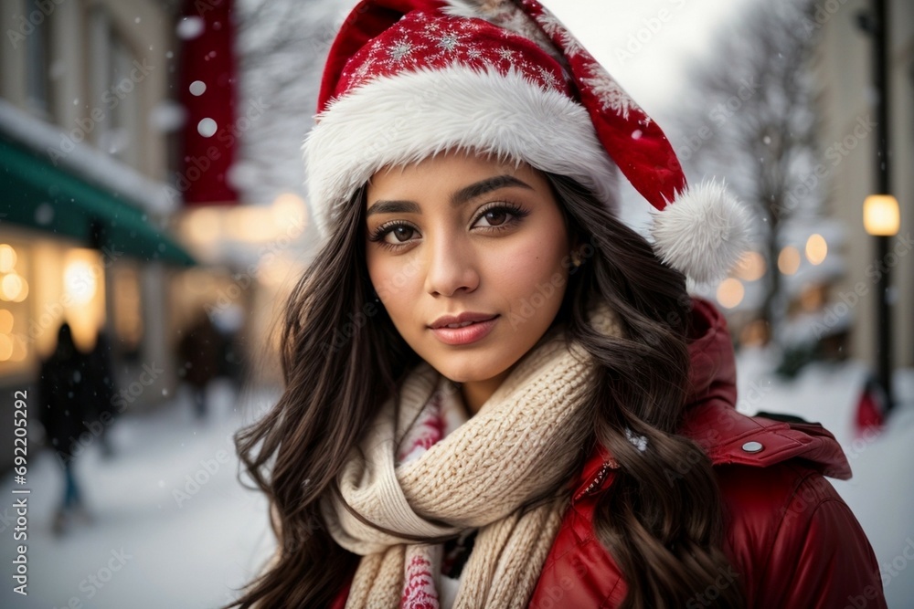 Beautiful awesome young woman in Santa Claus hat. Fashionable young woman in winter clothes over snowy background. Winter background in street blurry Beautiful awesome young woman in Santa Claus hat. Fashionable young woman in winter clothes over snowy background. Winter background in street blurry