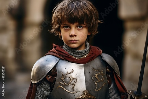 Young boy in medieval armor on the background of the old castle.