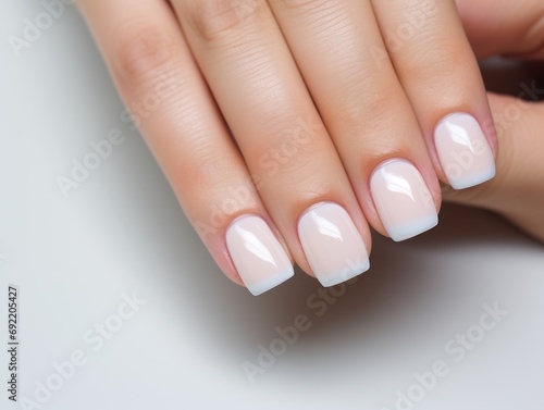 Beautiful manicure. Long almond shaped nails. Nail design. Manicure with gel polish. Close-up of the hands of a young woman with a gentle manicure on her nails. Bright nails with gel polish.