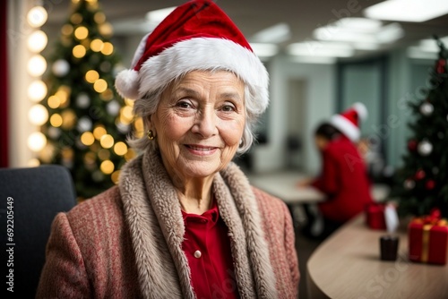 Beautiful Ukrainian old lady in santa claus hat on christmas modern office background. At Christmas beautiful old lady with santa hat smiling look at camera