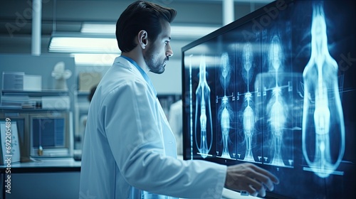 a doctor examining a chest x-ray film of a patient at the hospital, in a minimalist modern style to emphasize the seriousness and contemporary nature of healthcare.