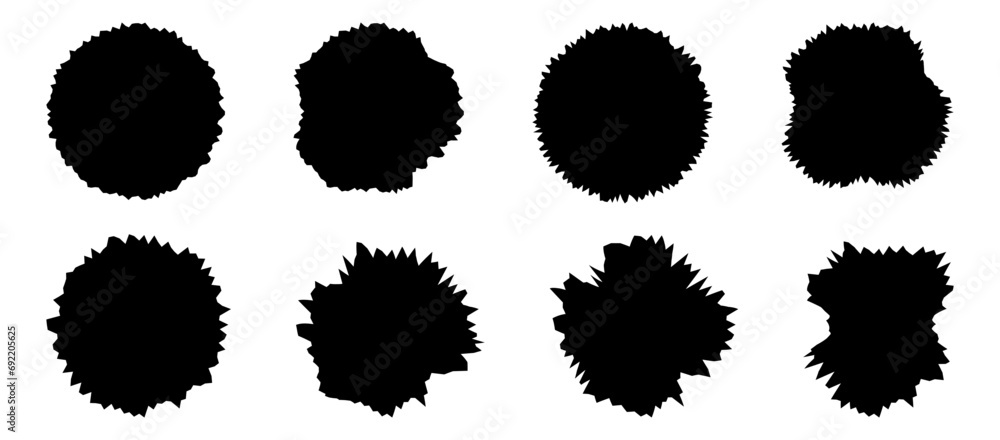 Set of round stickers with torn edges. Black hole with sharp edges. Silhouette of crumpled paper Set of round stickers with torn edges. Black hole with sharp edges. Silhouette of crumpled paper