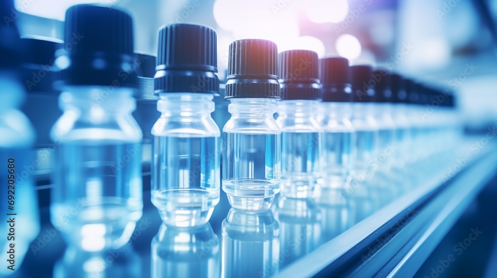A Line of Glass Bottles on a Conveyor Belt A Line of Glass Bottles on a Conveyor Belt