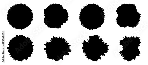 Set of round stickers with torn edges. Black hole with sharp edges. Silhouette of crumpled paper