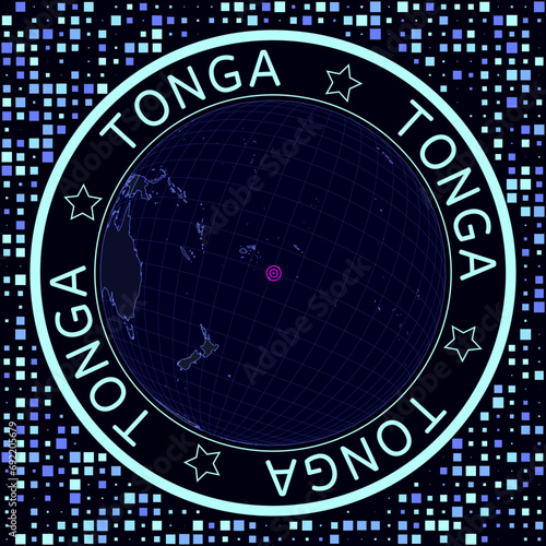 Tonga on globe vector. Futuristic satelite view of the world centered to Tonga. Geographical illustration with shape of country and squares background. Bright neon colors on dark background. photo