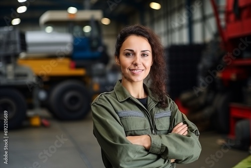 Portrait of a young female mechanic standing with arms crossed in warehouse