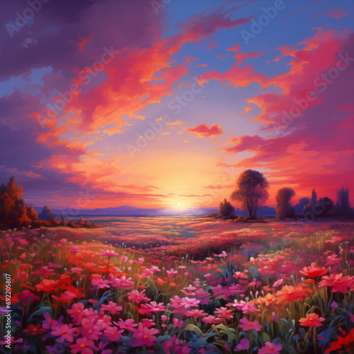 Sunset over the Blooming Fields