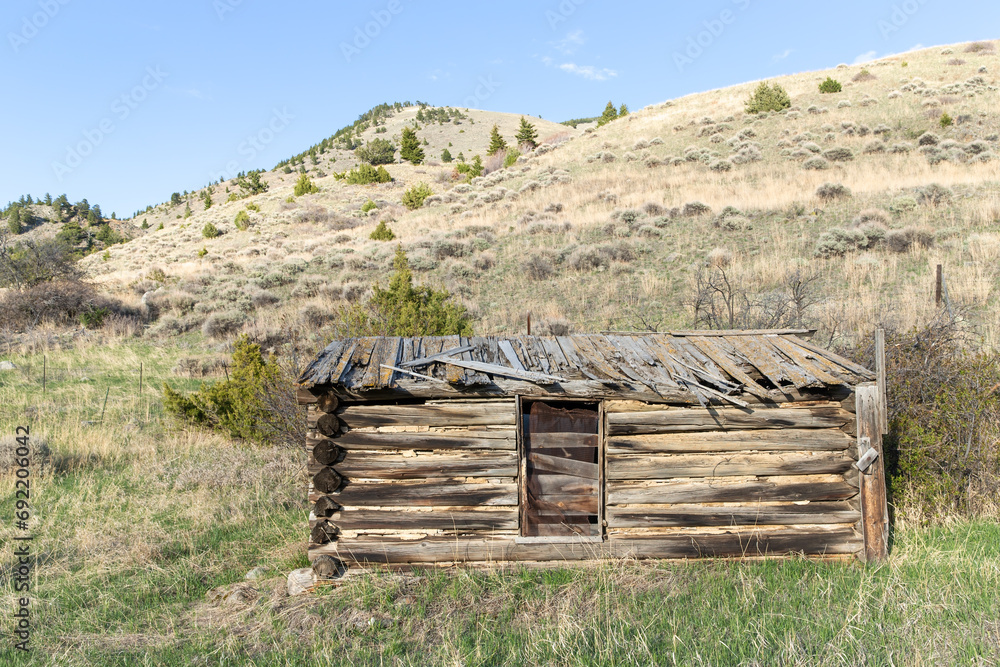 Abandoned and broken down ramshackle old antique homesteader log cabin home