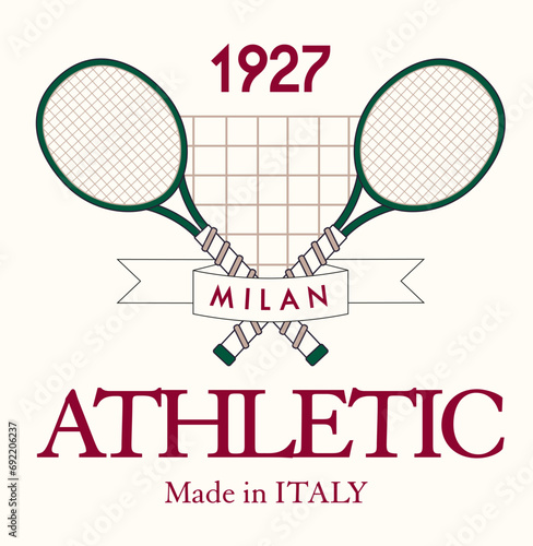 logo slogan graphic, retro tennis with racket. city milan athletic Country club summer SS23 tennis crest sport, varsity design