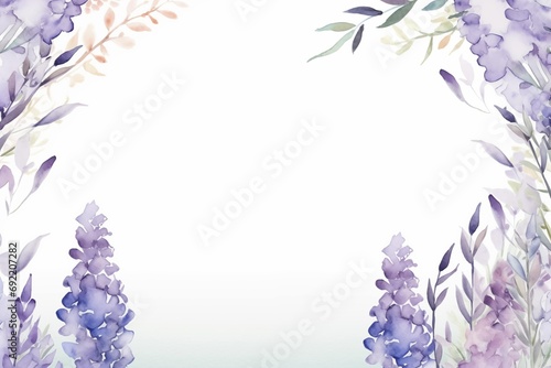 Lovely wedding invitation with a watercolor border of lavender and lilac flowers with copy space photo