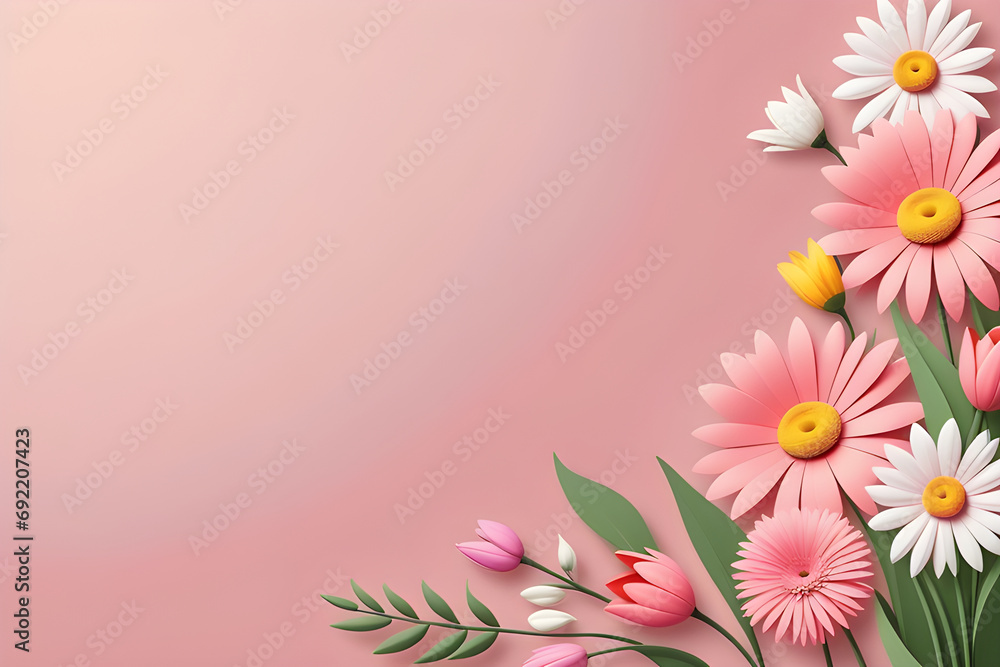 Fototapeta premium Beautiful floral background with daisies and tulips. Place for text, spring banner on soft pink background