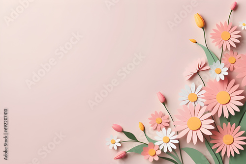 Pink and white daisy flowers on pastel pink background with copy space