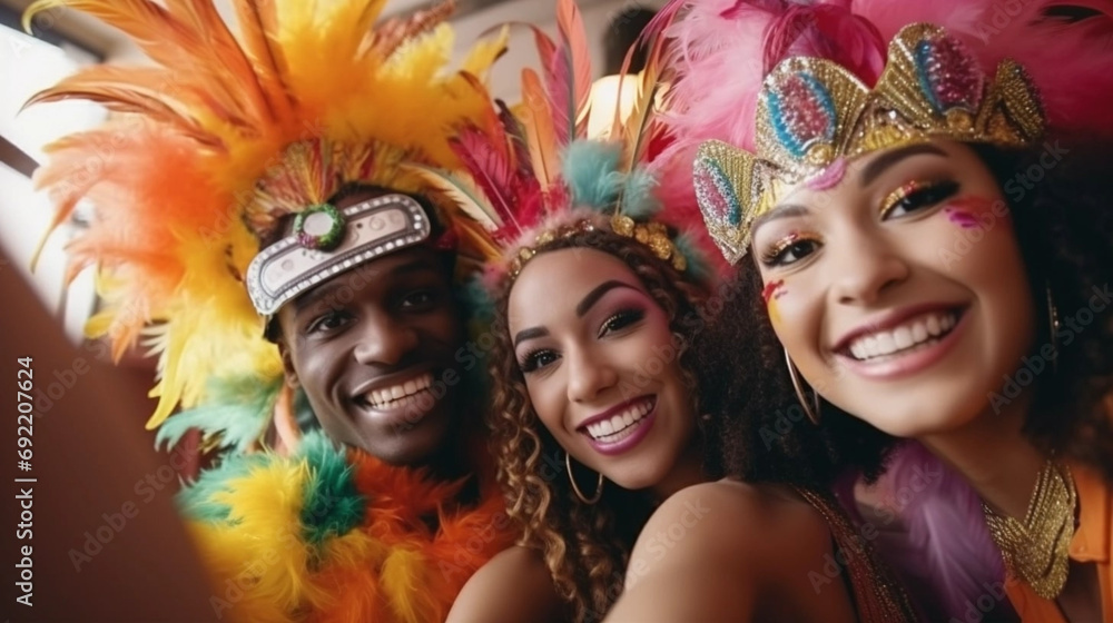 Obraz premium copy space, Multiracial friends in carnival costumes have fun while taking selfie and celebrating Mardi Gras at home. Perfect for carnival, Mardi Gras, party, celebration, and theme-related concepts. 