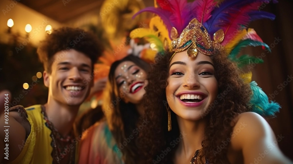 copy space, Multiracial friends in carnival costumes have fun while taking selfie and celebrating Mardi Gras at home. Perfect for carnival, Mardi Gras, party, celebration, and theme-related concepts. 