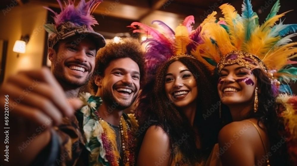 copy space, Multiracial friends in carnival costumes have fun while taking selfie and celebrating Mardi Gras at home. Perfect for carnival, Mardi Gras, party, celebration, and theme-related concepts.  - obrazy, fototapety, plakaty 
