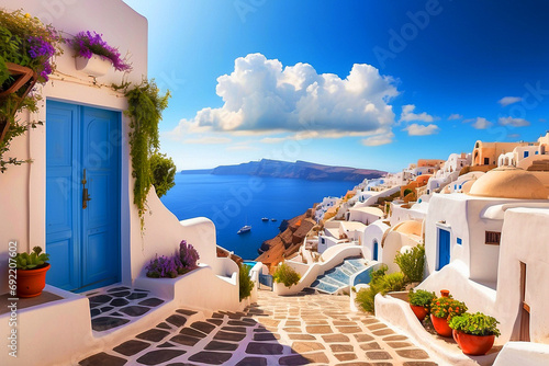 Ai generated, Square with church on whitewashed street with typical Greek architecture in beautiful Mykonos town, Cyclades islands, Greece.