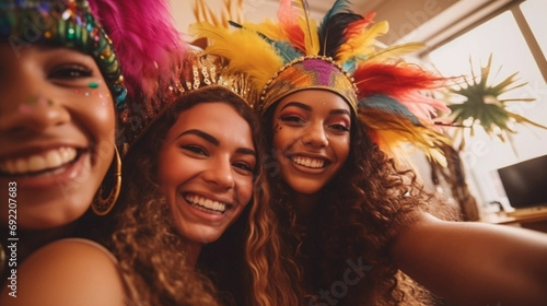 copy space, Multiracial friends in carnival costumes have fun while taking selfie and celebrating Mardi Gras at home. Perfect for carnival, Mardi Gras, party, celebration, and theme-related concepts.  photo
