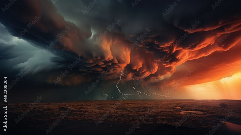 A storm clouds are seen over a field with lightning, AI - obrazy, fototapety, plakaty 