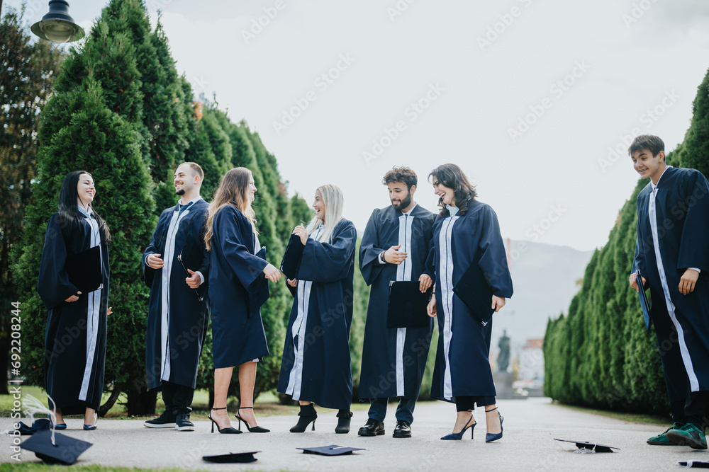 Graduates celebrate achievements, throwing caps, and creating memories. Friends and faculty colleagues join in the outdoor park. Success and teamwork inspire progress.