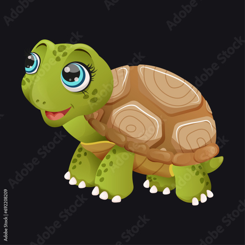 Cute colorful cartoon turtle for children that stands sideways on a black background 