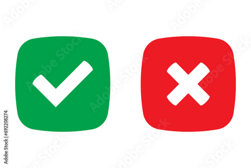Green tick and red cross checkmarks in flat icons. Yes or no symbol, approved or rejected icon for user interface. photo