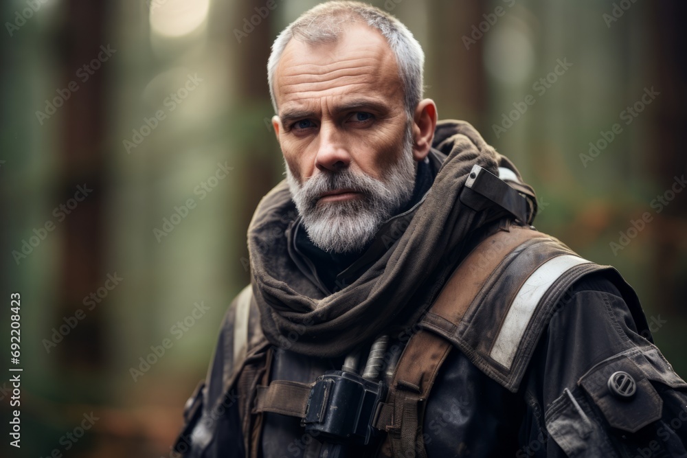 Portrait of a senior man with a backpack in the forest. Portrait of a senior man with a backpack in the forest.