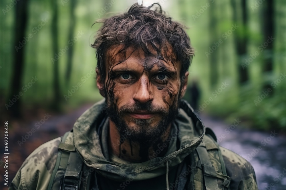 Portrait of a man with a dirty face in the forest.