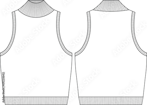 halter sleeveless ribbed knitwear knitted tank top sweater turtleneck high neck sweater template technical drawing flat sketch cad mockup fashion woman model design