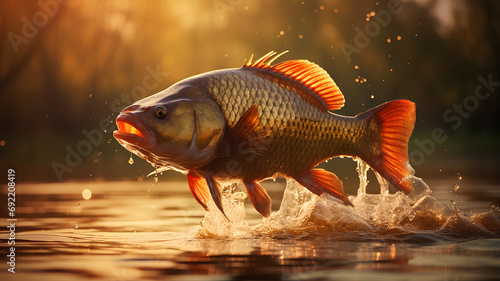 Fishing trophy - a large freshwater carp in water splashing in the rays of the rising sun on a green background of nature.