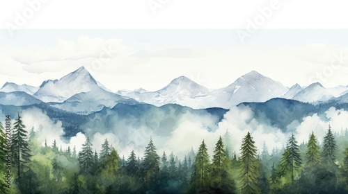 A painting depicting a beautiful mountain range with trees in the foreground. This picture can be used for various purposes © Fotograf