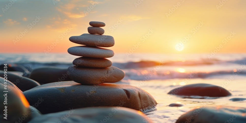 A stack of rocks sitting on top of a beautiful beach. Perfect for nature and relaxation concepts - obrazy, fototapety, plakaty 