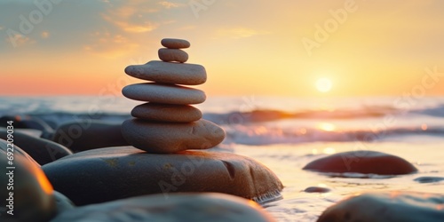 A stack of rocks sitting on top of a beautiful beach. Perfect for nature and relaxation concepts photo