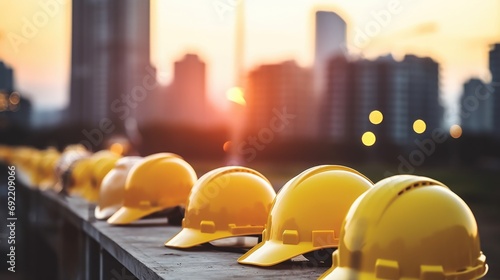 A row of hard hats sitting on top of a cement wall. Suitable for construction and workplace safety themes photo