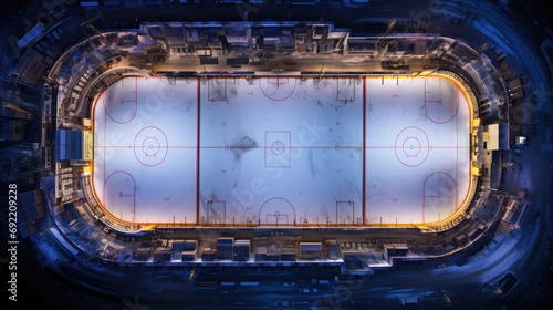 A stunning aerial view of a hockey rink at night. Perfect for sports enthusiasts and those looking for dynamic and captivating images for various projects