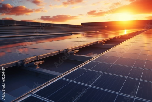 A building with solar panels on the roof, with the sun setting behind them. This image can be used to depict renewable energy, sustainability, and eco-friendly practices