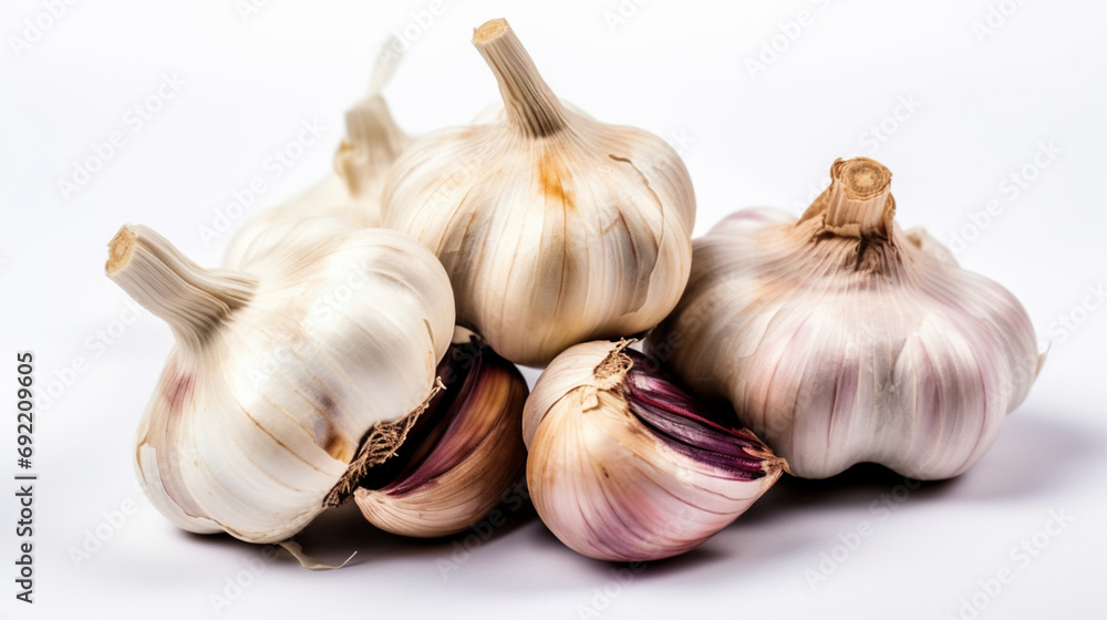Gastronomic Minimalism: Garlic Isolated on White Background at Low Background...Detail of Garlic, Background on White Background. Gastronomic Minimalism: Garlic Isolated on White Background at Low Background...Detail of Garlic, Background on White Background.