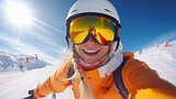 A woman is pictured wearing a helmet and goggles while taking a selfie. This image can be used to illustrate the concept of adventure, outdoor activities, or capturing moments