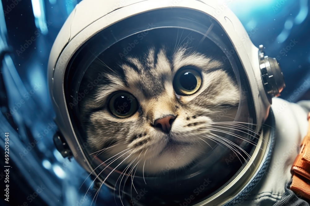 A close up view of a cat wearing a space suit. Perfect for science fiction or space-themed projects A close up view of a cat wearing a space suit. Perfect for science fiction or space-themed projects