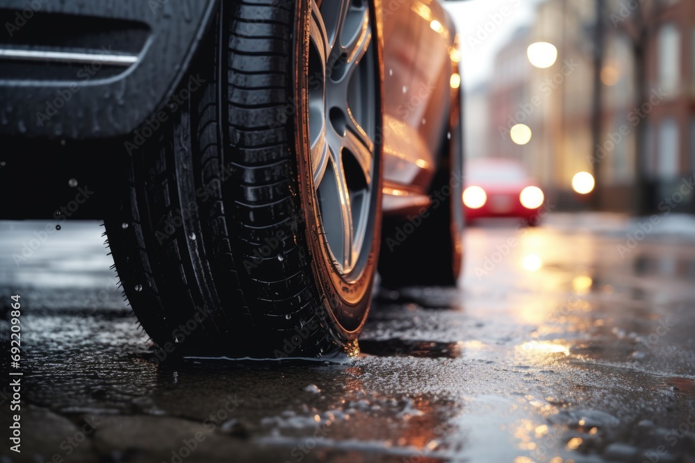 custom made wallpaper toronto digitalA detailed view of a car tire on a wet street. Ideal for automotive-related projects and articles about road safety