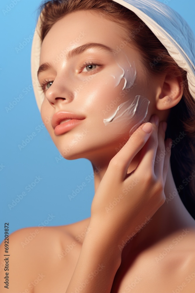 Naklejka premium A woman with a towel on her head and a lot of cream on her face. Suitable for beauty and skincare concepts