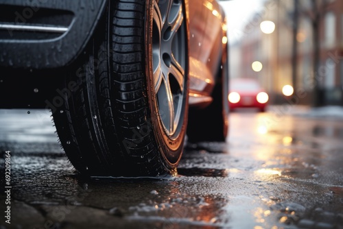 Wallpaper Mural A detailed view of a car tire on a wet street. Ideal for automotive-related projects and articles about road safety Torontodigital.ca