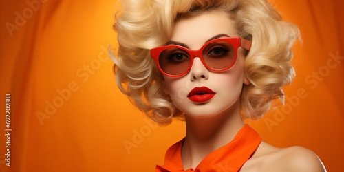 portrait of a orange dressed blonde retro style woman with glasses and red lips