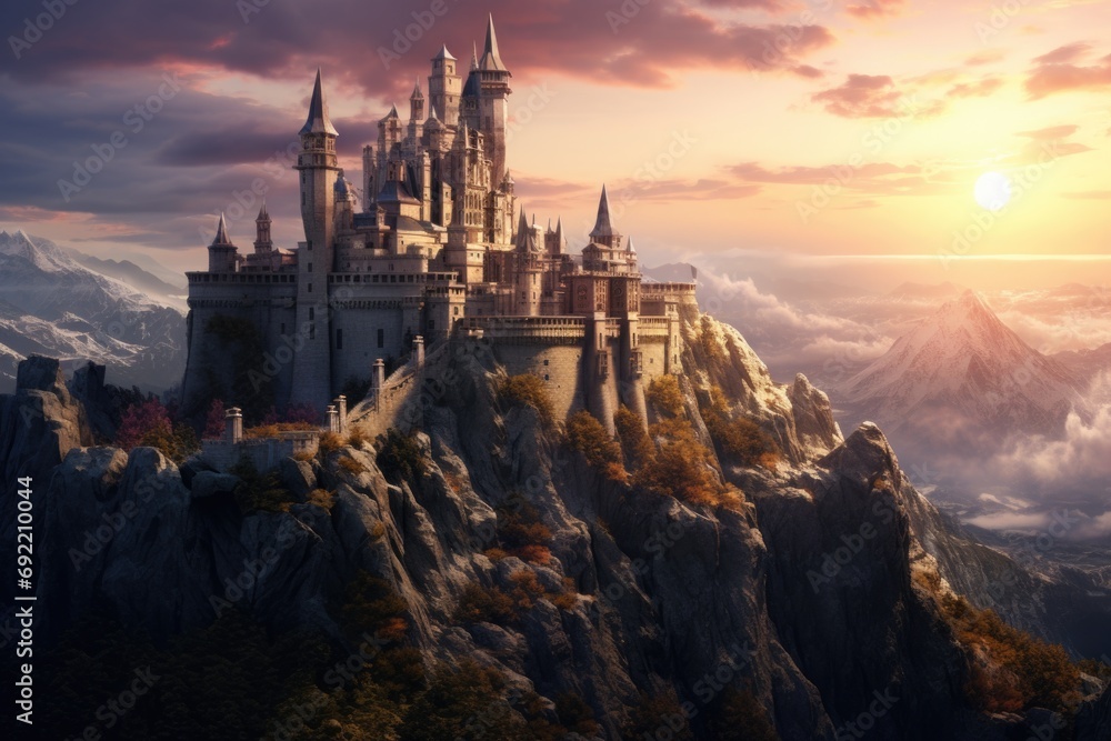 A majestic castle perched on the peak of a mountain. Perfect for historical or fantasy-themed projects