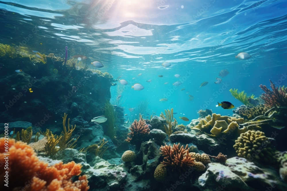 A vibrant underwater view of a coral reef teeming with colorful fish. Perfect for educational materials or publications about marine life