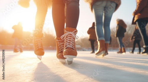 A group of people enjoying ice skating on a rink. Perfect for winter sports and recreational activities